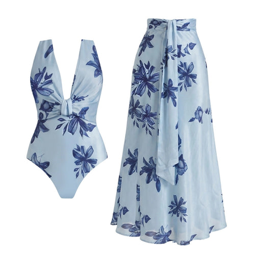 Blue and White Porcelain Pattern Knot V-Neck One-Piece Swimsuit Set for Women