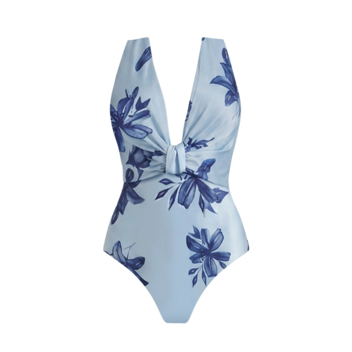 Blue and White Porcelain Pattern Knot V-Neck One-Piece Swimsuit Set for Women