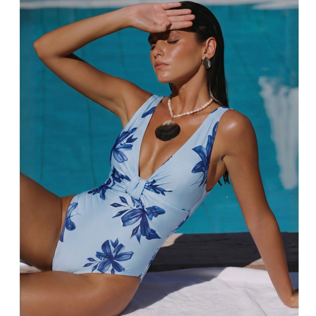 Blue and White Porcelain Pattern Knot V-Neck One-Piece Swimsuit Set for Women